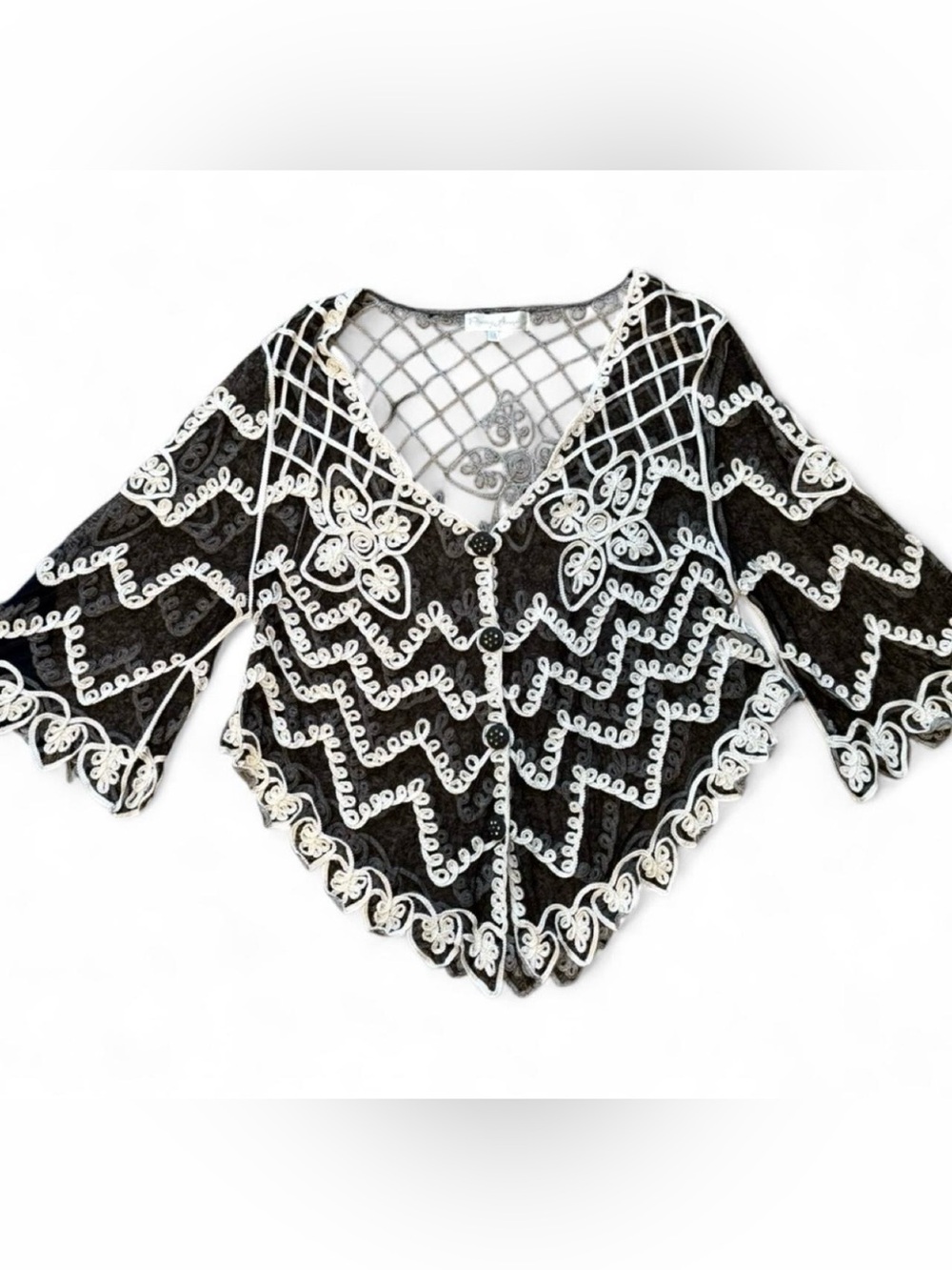 Pretty Angel Black and White Embroidered V-Neck Women's Cardigan